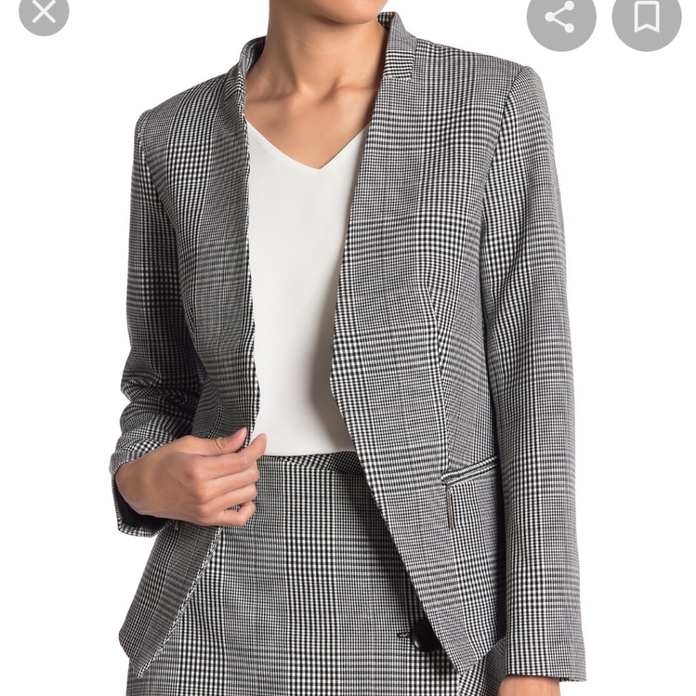 T TAHARI Plaid Open Front Blazer
